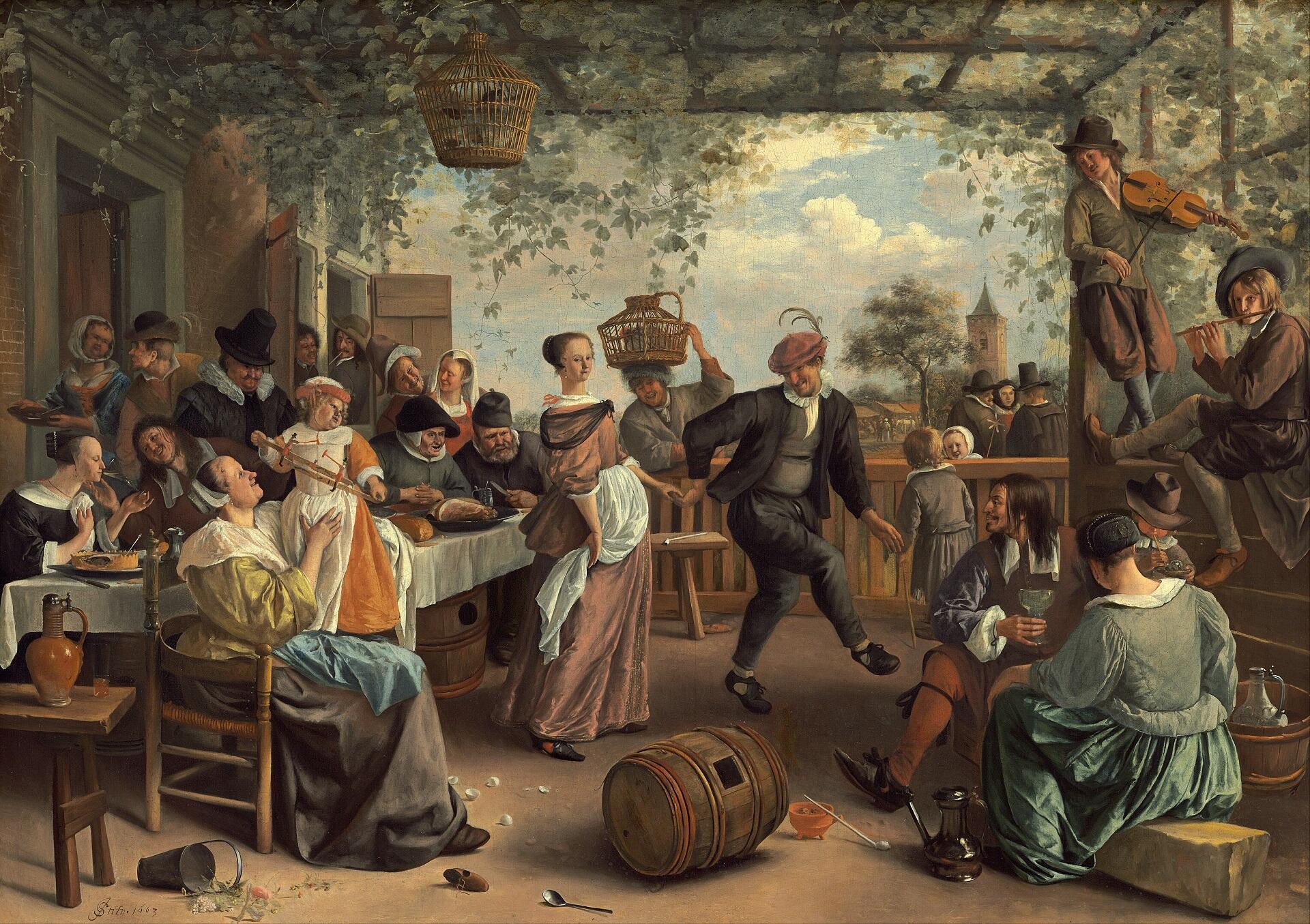 A painting of a party scene with one couple dancing while the others look on. 