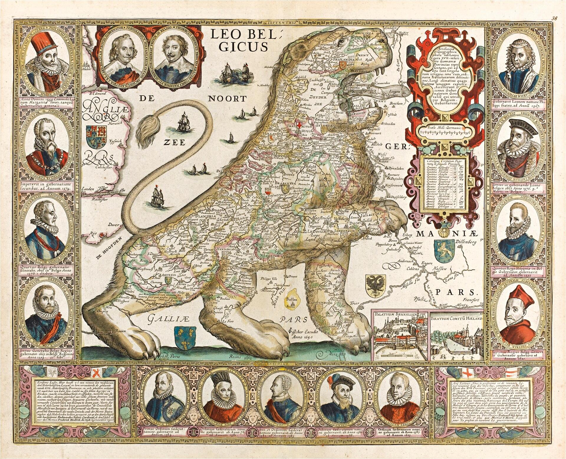 A map in the shape of a lion, surrounded by oval portraits. 