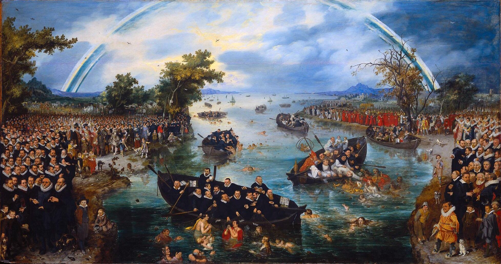 A painting of boats full of people on a river looking distressed. 