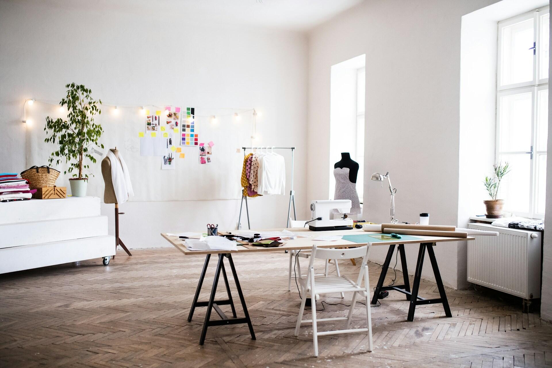 An airy, well-lit room with a table and a white credenza.
