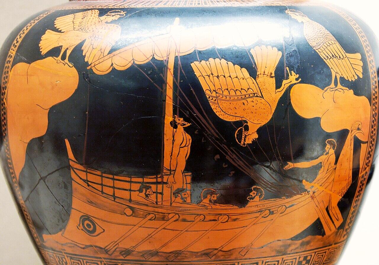 Ancient Greek vase painting showing Odysseus tied to a ship’s mast as bird-bodied Sirens with human heads surround the vessel.