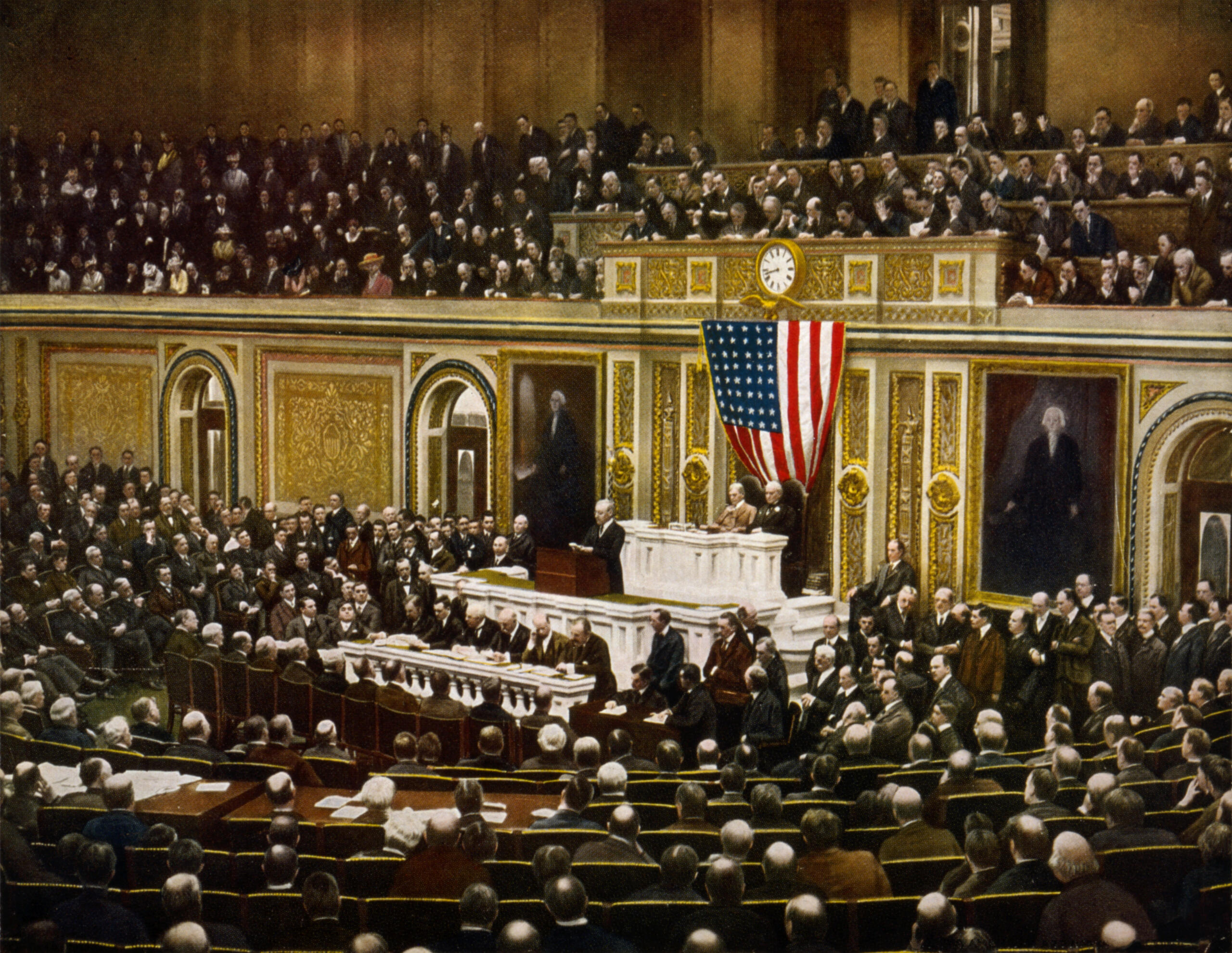 photograph of US President Woodrow Wilson addressing Congress in April 1917 to request a declaration of war against Germany.